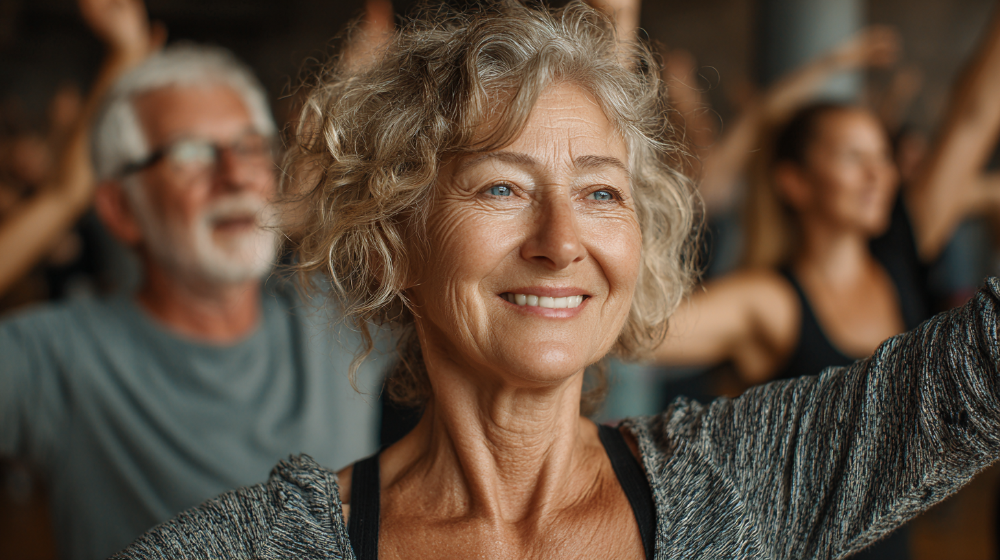 Група възрастни хора на фитнес тренировка