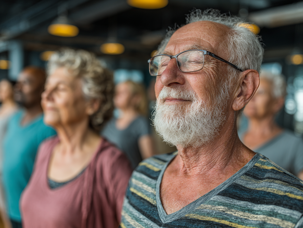 Щастливи възрастни хора след йога сесия